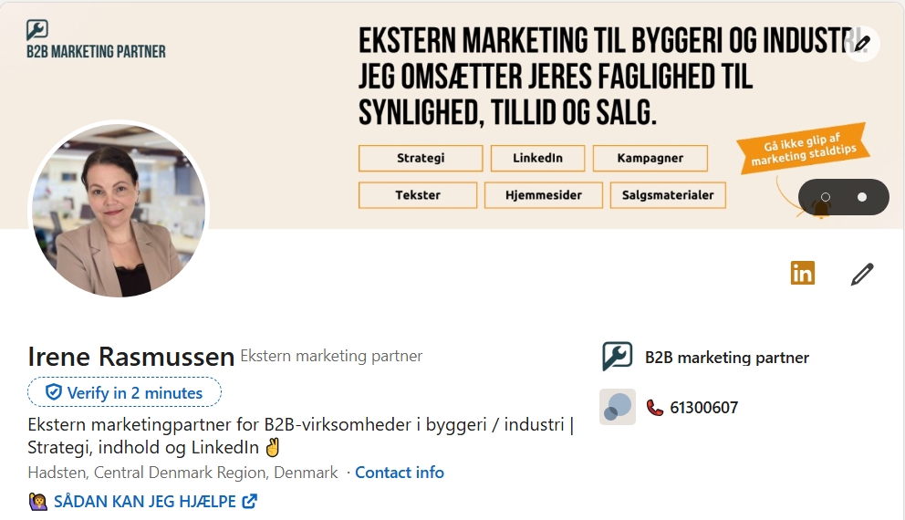 LinkedIn-profil med profilbillede, banner, titel og kontaktoplysninger