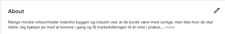 Om-sektionen på en LinkedIn-profil med en kort beskrivelse af faglighed og målgruppe